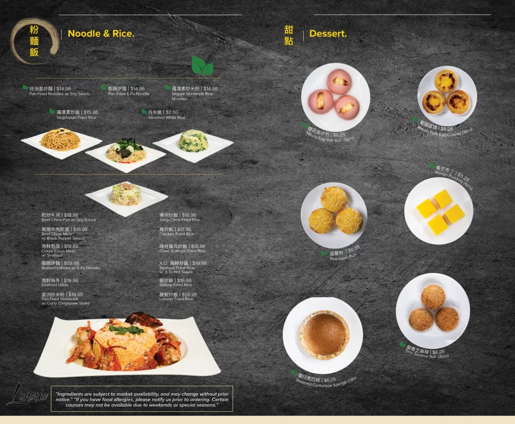 A restaurant menu on a chalkboard background displays noodle, rice, and dessert options. The left side lists various noodle and rice dishes with prices and photos. The right side features dessert items with pictures, including buns, cakes, and pastries.